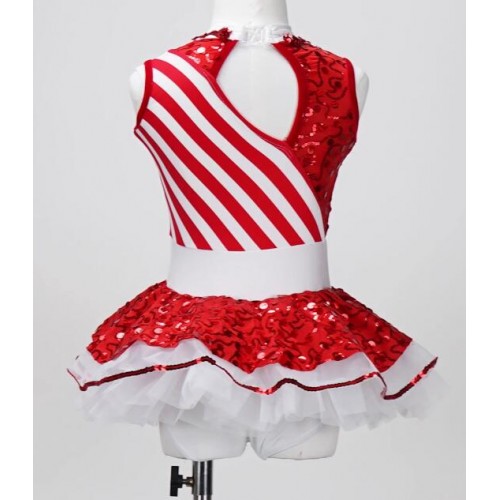 Red white striped sequins jazz dance dress tutu skirts ballet dance dress for girls toddlers baby preschool carnival party stage performance dance outfits 